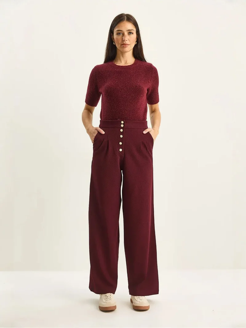 Bianco Lucci Burgundy Red LUCCI High Waist Wide Leg Palazzo Pants for Women | Best Price UAE